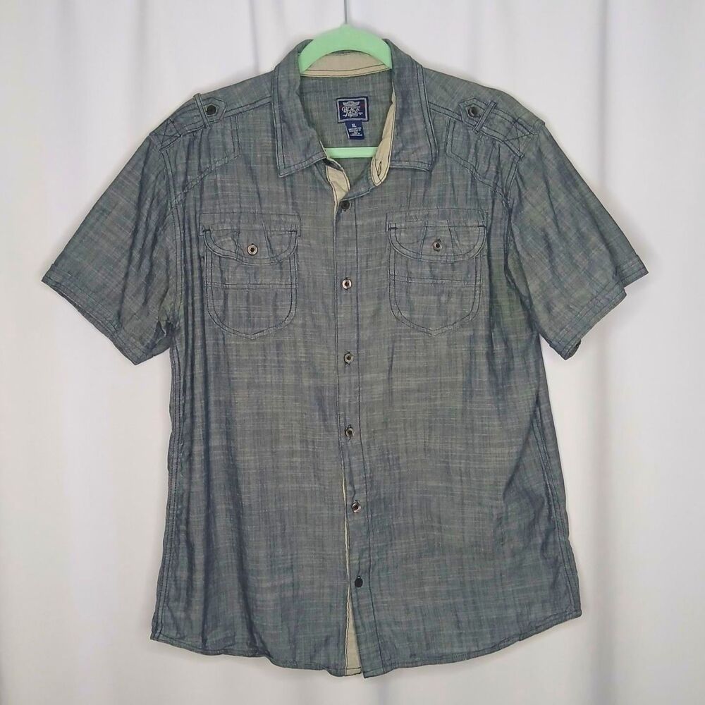 Black Jack Denim Shirt Button Front Short Slv Lghtwght Pockets Dark Wash Mens XL